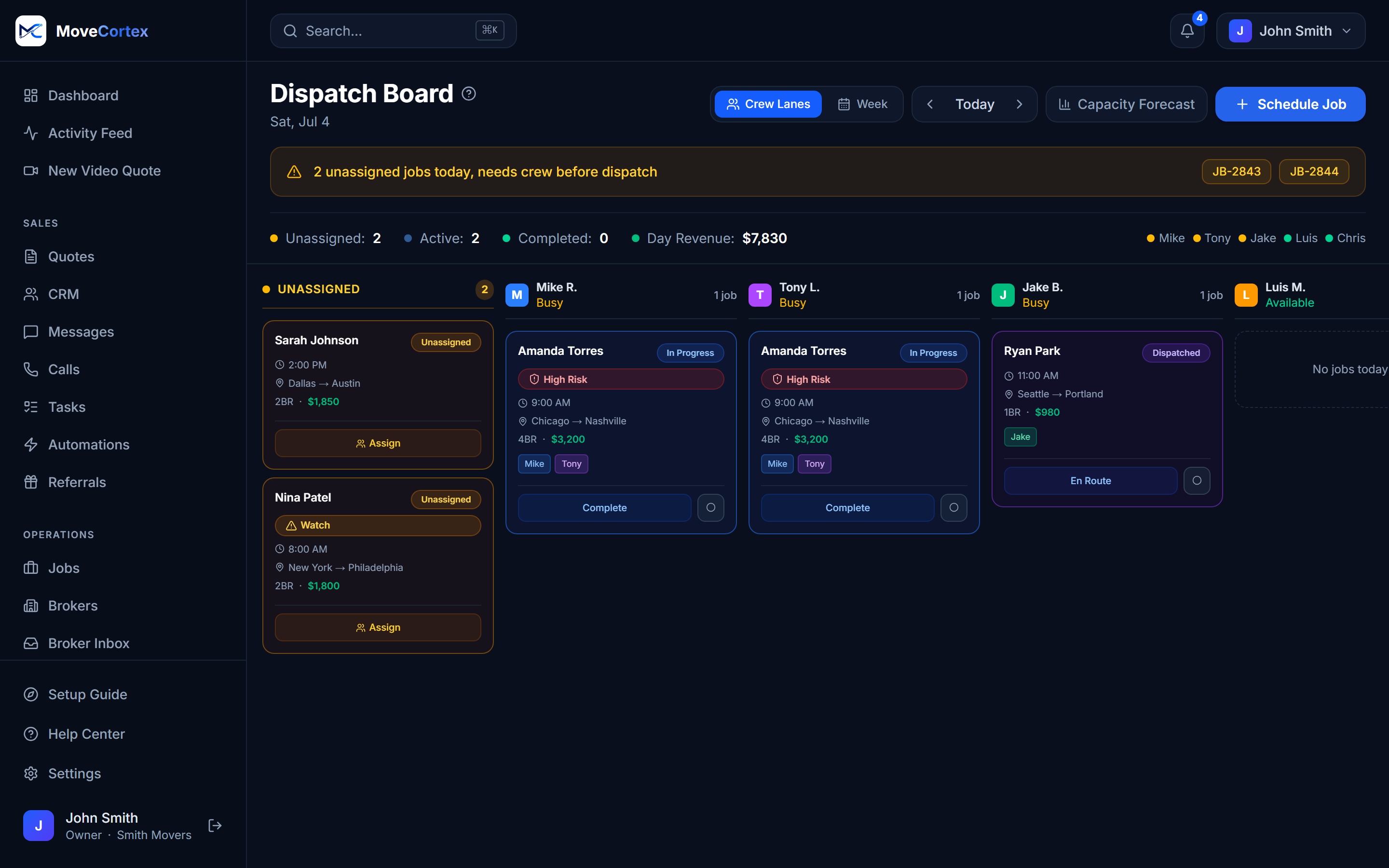 MoveCortex dispatch board with crew lanes