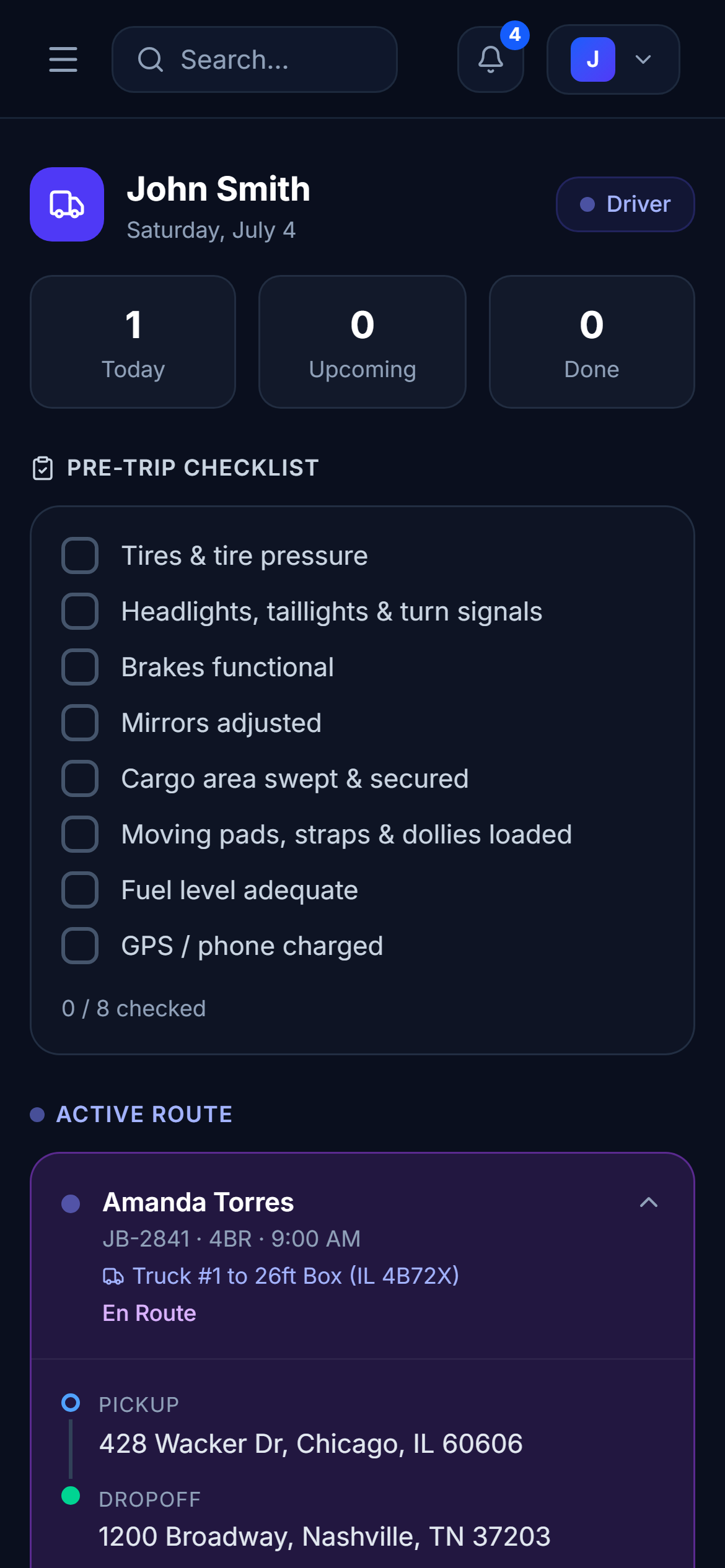 MoveCortex driver app on mobile