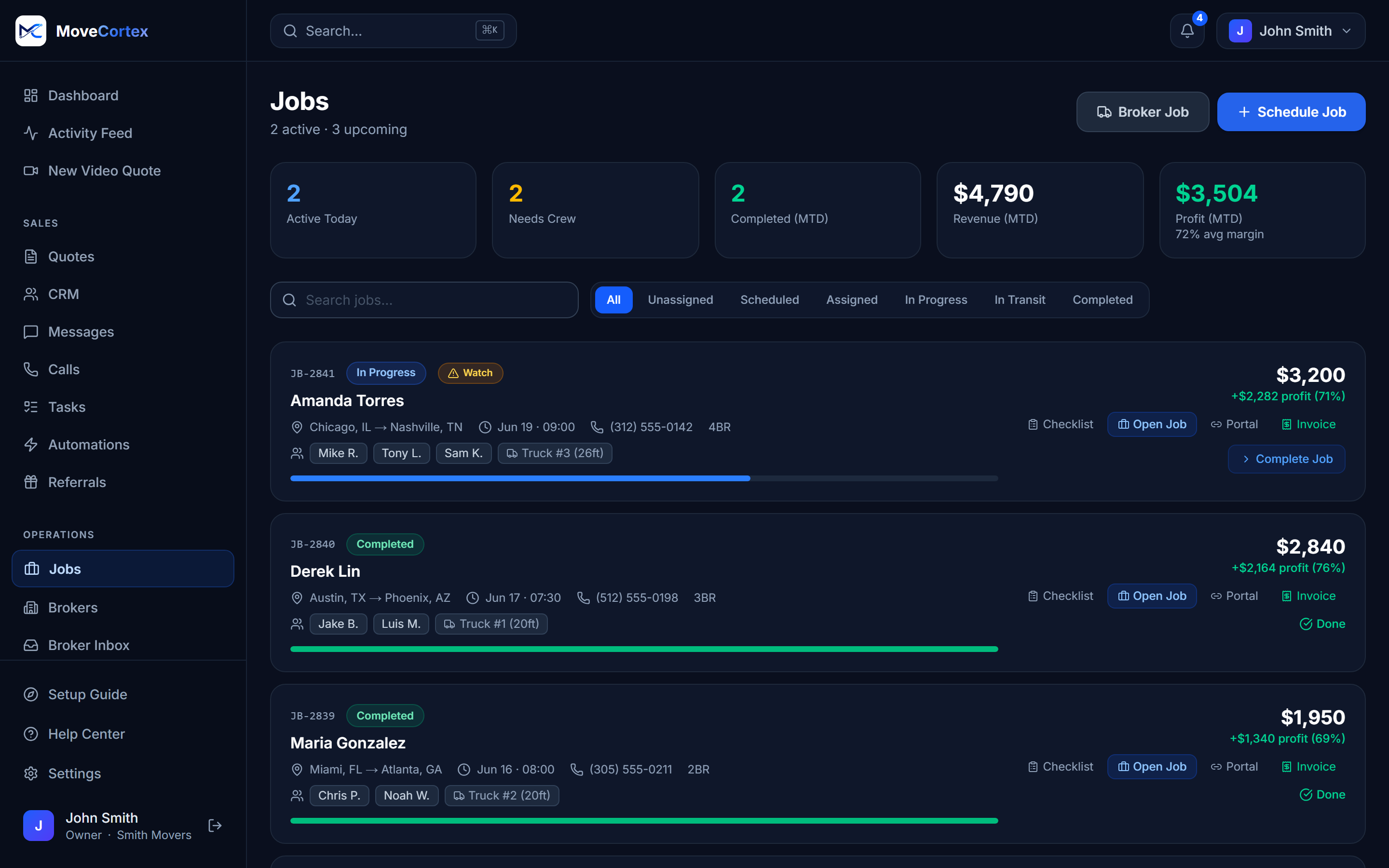 MoveCortex jobs list on desktop